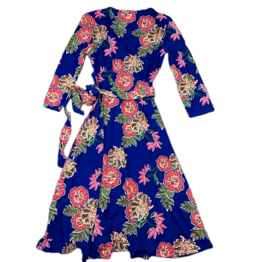 NWOT LEOTA The Perfect Wrap midi dress blue colorful floral women’s size small - Picture 3 of 9